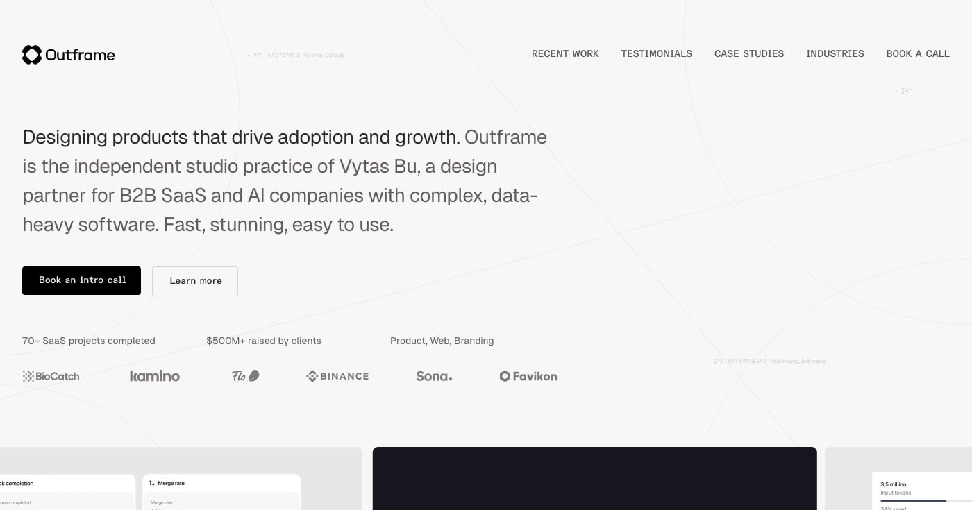 Outframe product design studio homepage.