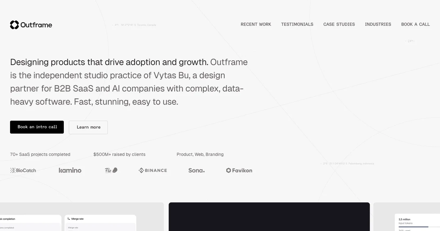 Outframe product design studio homepage.